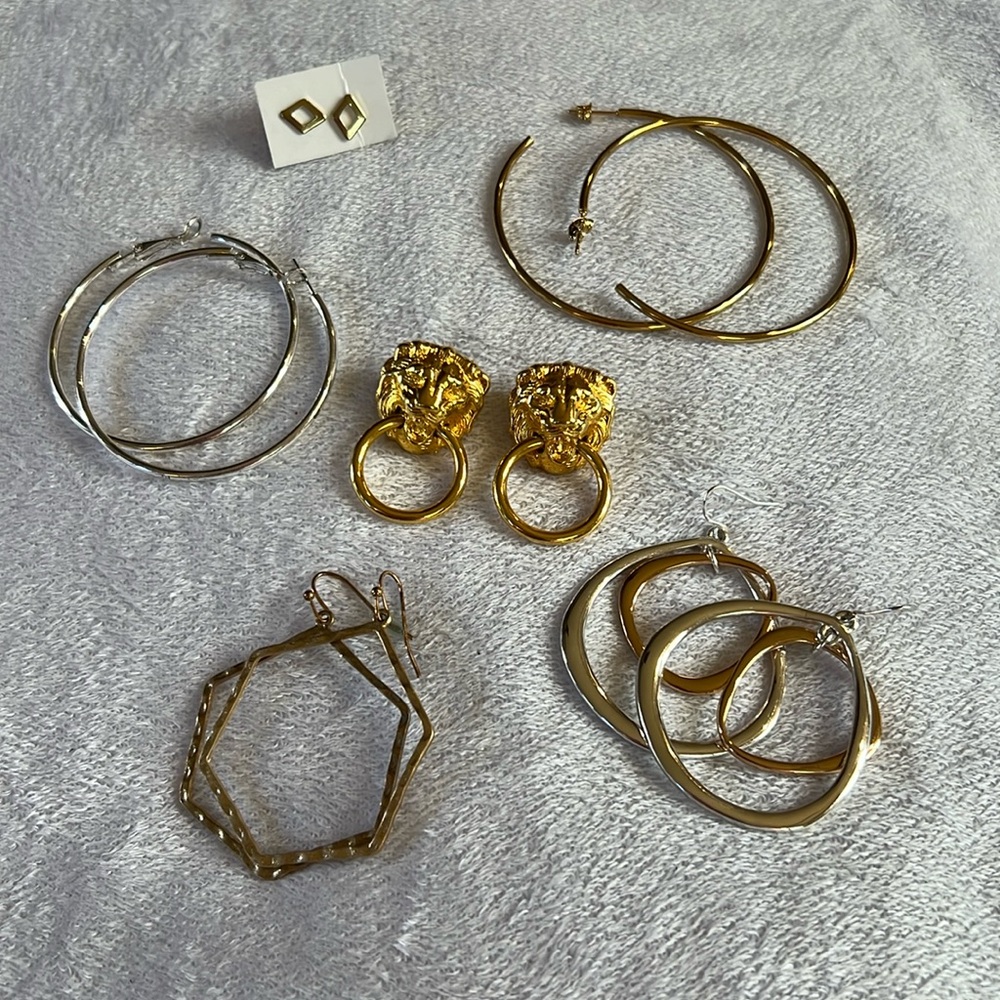 6 earrings bundle hoops and lion earrings one silver hoops rest gold tone